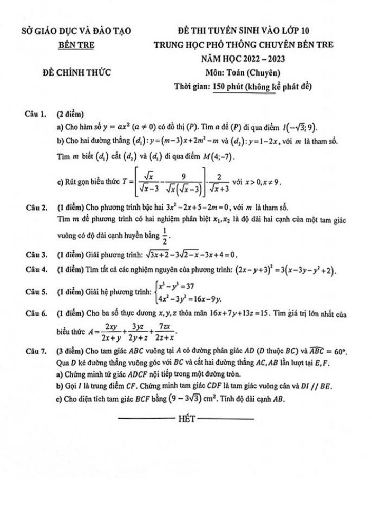 đề tuyển sinh lớp 10 môn toán (chuyên) năm 2022 – 2023 trường chuyên bến tre