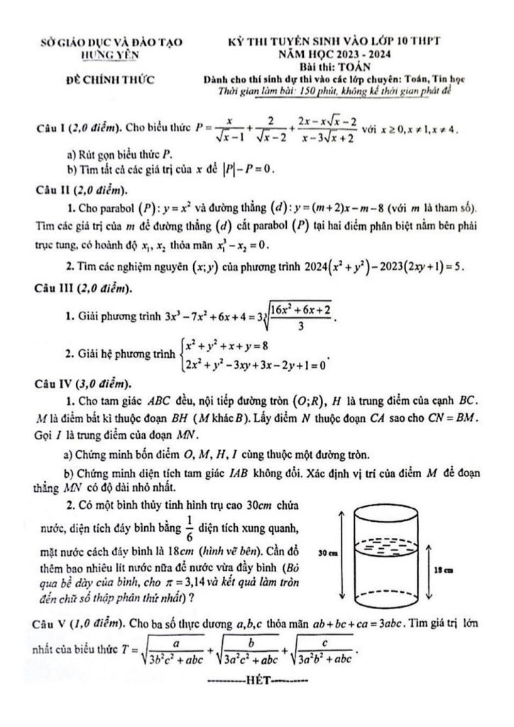 đề tuyển sinh lớp 10 môn toán (chuyên) năm 2023 – 2024 sở gd&đt hưng yên
