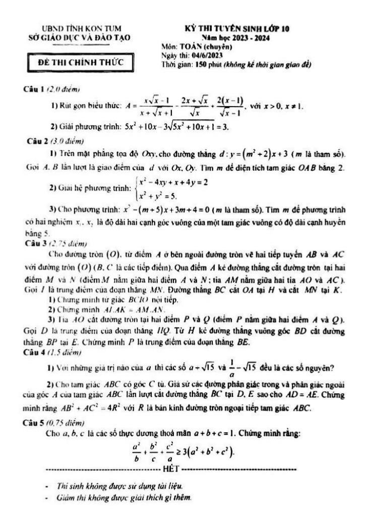 đề tuyển sinh lớp 10 môn toán (chuyên) năm 2023 – 2024 sở gd&đt kon tum