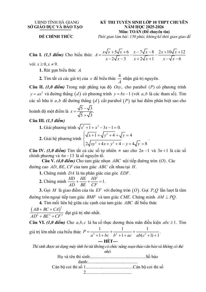 đề tuyển sinh lớp 10 môn toán (chuyên) năm 2025 – 2026 sở gd&đt hà giang 0