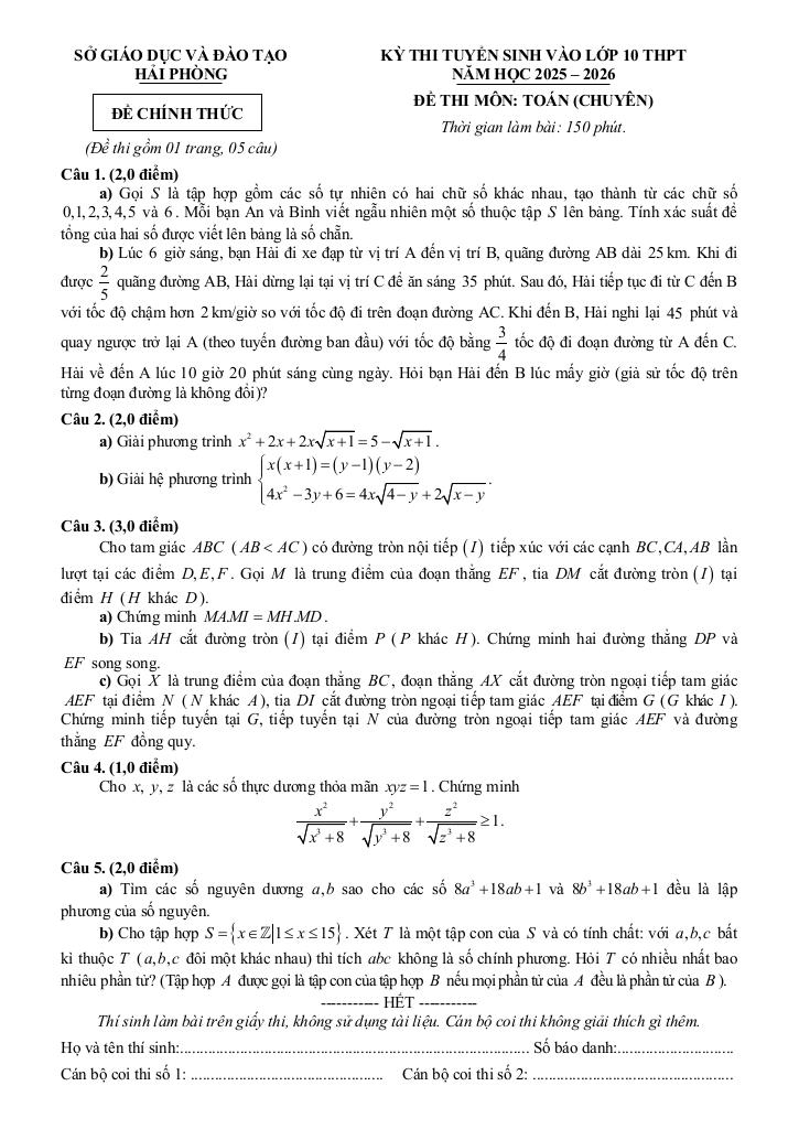 đề tuyển sinh lớp 10 môn toán (chuyên) năm 2025 – 2026 sở gd&đt hải phòng 0