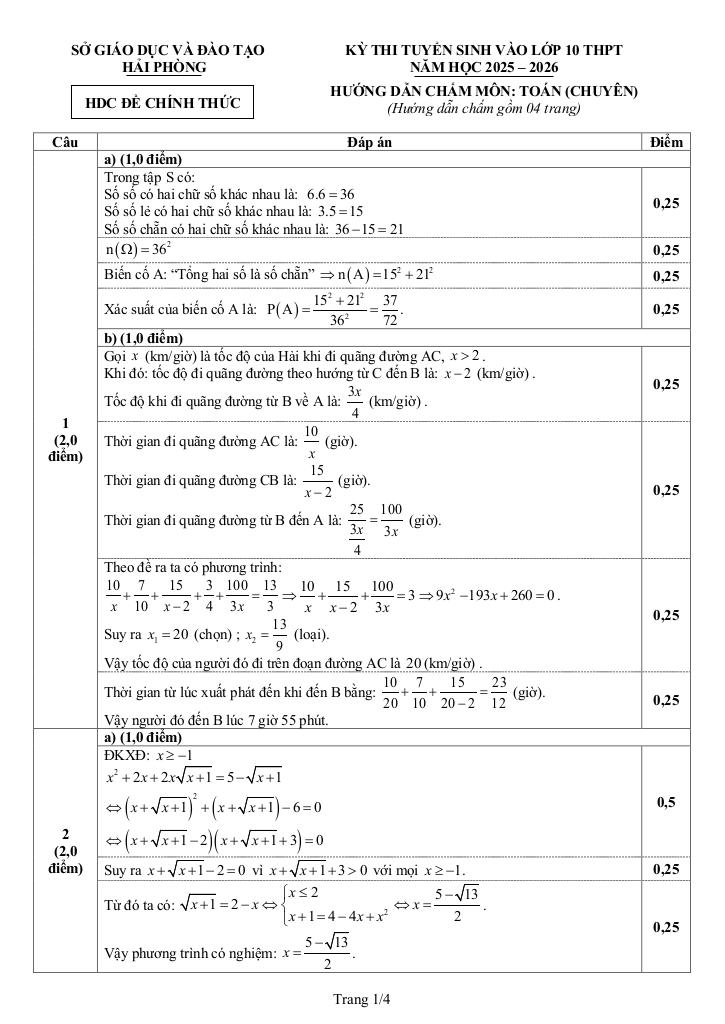 đề tuyển sinh lớp 10 môn toán (chuyên) năm 2025 – 2026 sở gd&đt hải phòng 1
