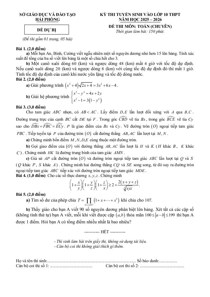 đề tuyển sinh lớp 10 môn toán (chuyên) năm 2025 – 2026 sở gd&đt hải phòng 5
