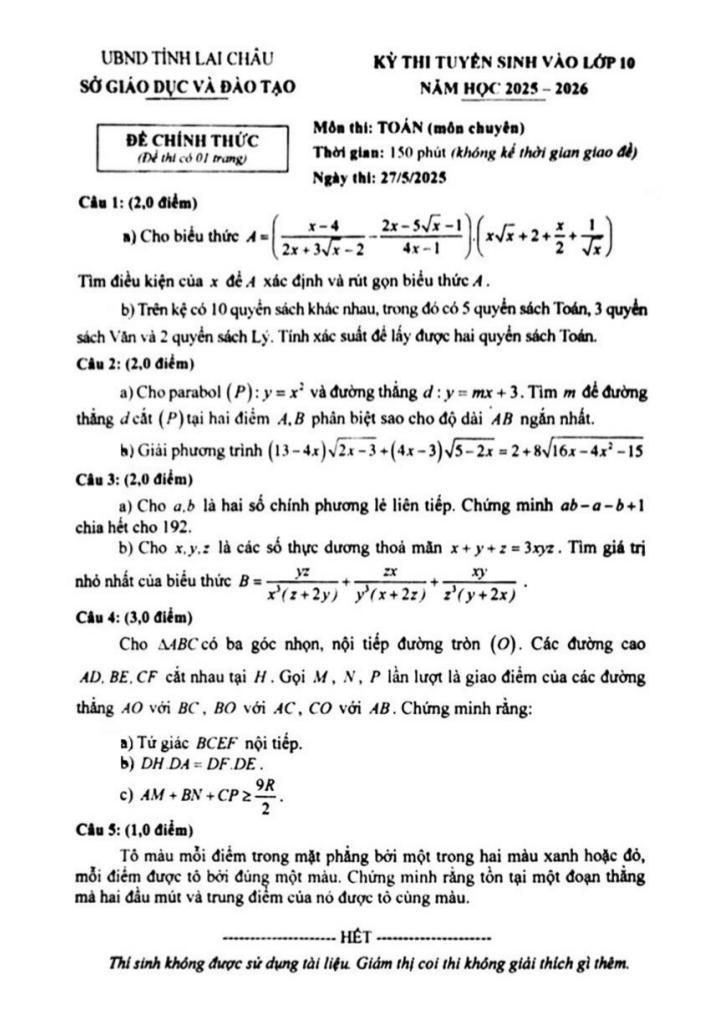 đề tuyển sinh lớp 10 môn toán (chuyên) năm 2025 – 2026 sở gd&đt lai châu