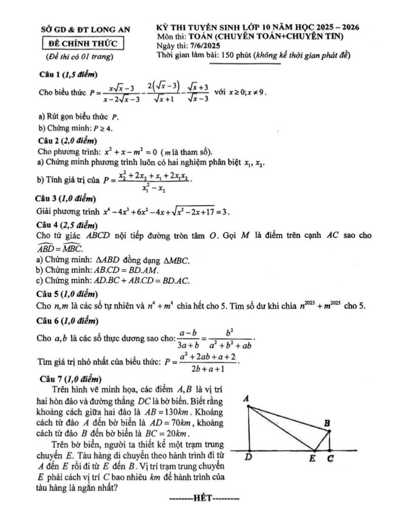 đề tuyển sinh lớp 10 môn toán (chuyên) năm 2025 – 2026 sở gd&đt long an