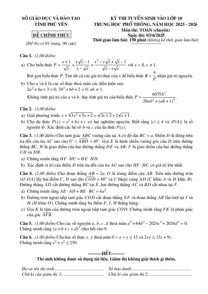đề tuyển sinh lớp 10 môn toán (chuyên) năm 2025 – 2026 sở gd&đt phú yên