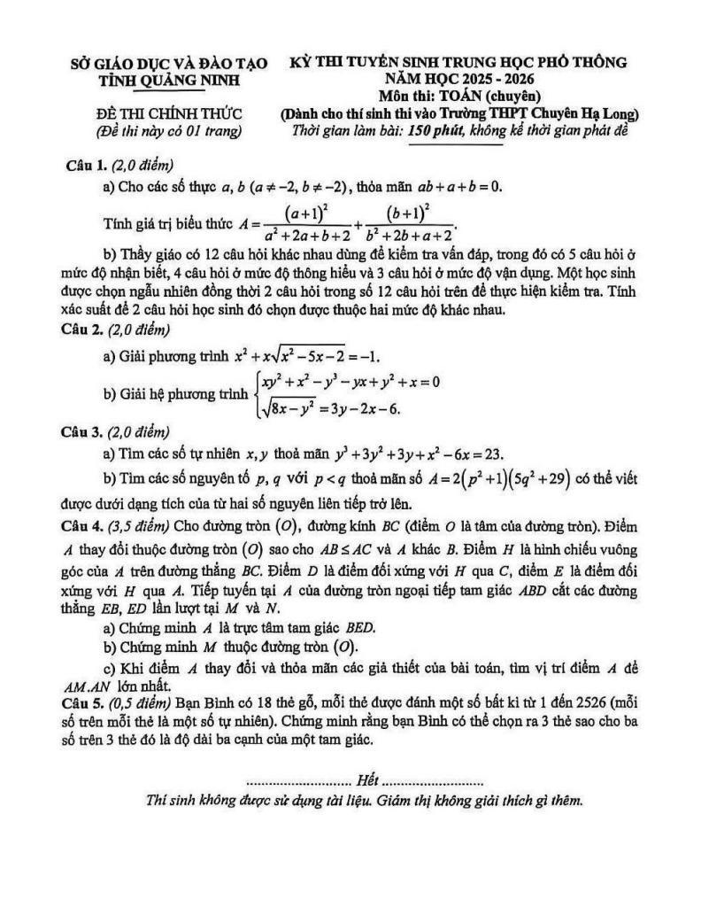đề tuyển sinh lớp 10 môn toán (chuyên) năm 2025 – 2026 sở gd&đt quảng ninh