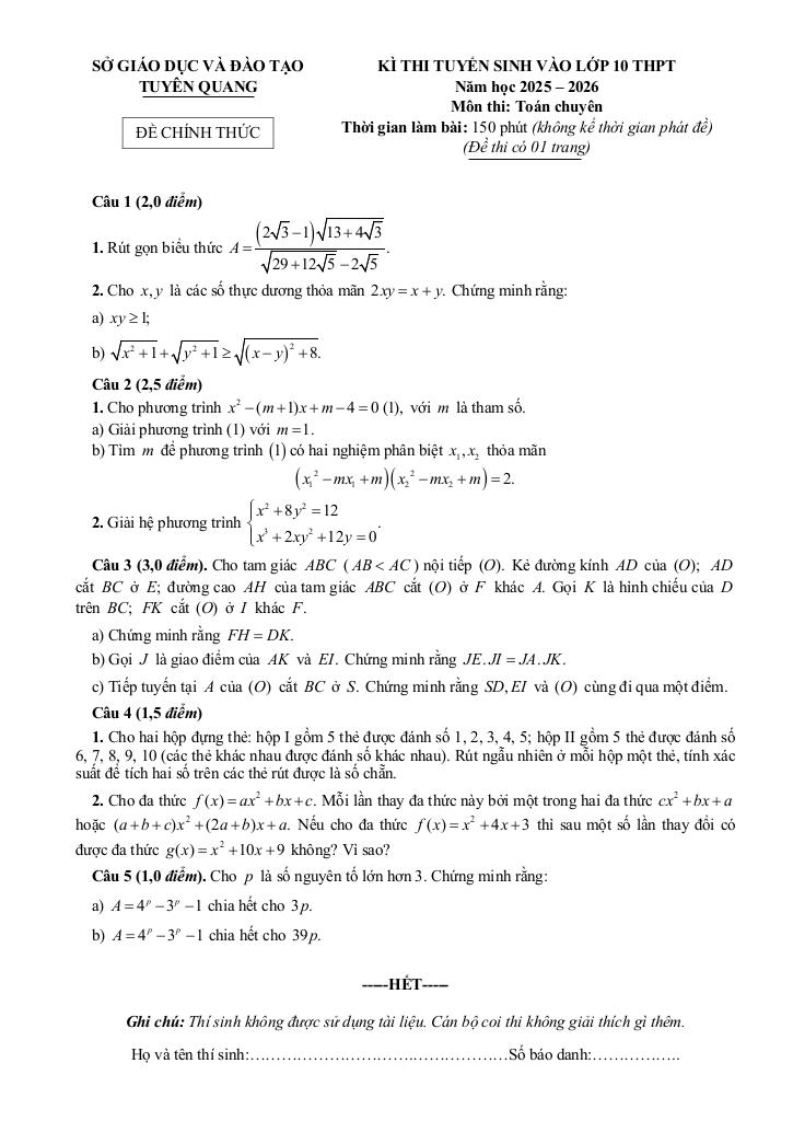 đề tuyển sinh lớp 10 môn toán (chuyên) năm 2025 – 2026 sở gd&đt tuyên quang 0