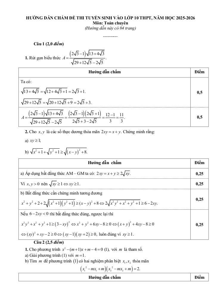 đề tuyển sinh lớp 10 môn toán (chuyên) năm 2025 – 2026 sở gd&đt tuyên quang 1