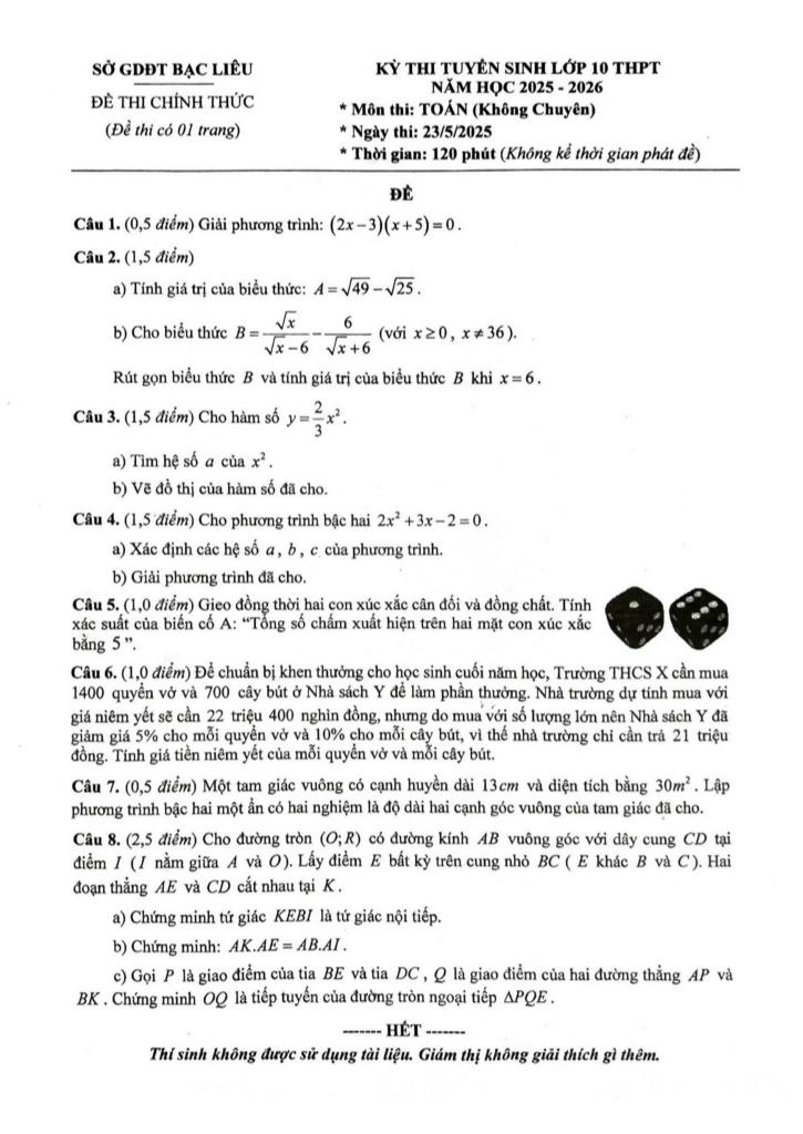 đề tuyển sinh lớp 10 môn toán (không chuyên) năm 2025 – 2026 sở gd&đt bạc liêu