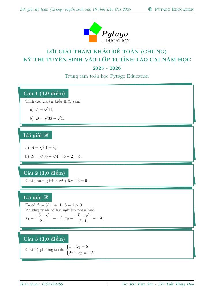 đề tuyển sinh lớp 10 môn toán (không chuyên) năm 2025 – 2026 sở gd&đt lào cai 1