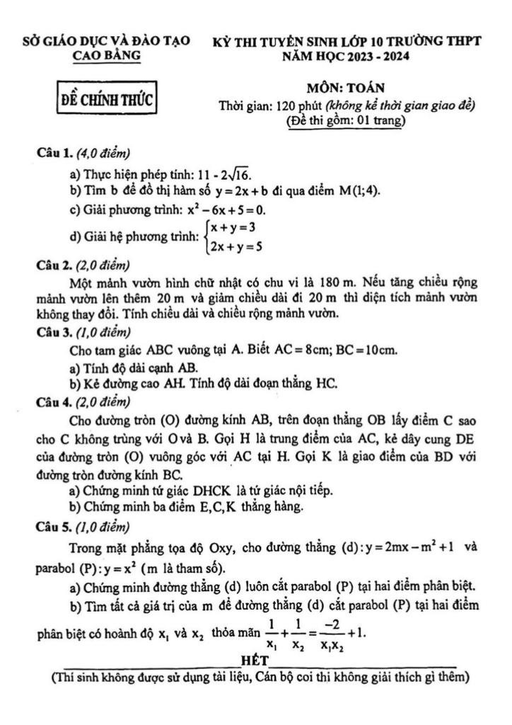 đề tuyển sinh lớp 10 môn toán năm 2023 – 2024 sở gd&đt cao bằng