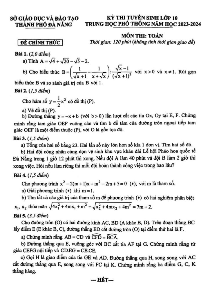 đề tuyển sinh lớp 10 môn toán năm 2023 – 2024 sở gd&đt đà nẵng