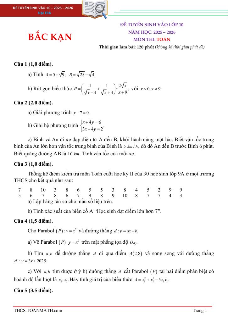 đề tuyển sinh lớp 10 môn toán năm 2025 – 2026 sở gd&đt bắc kạn 0