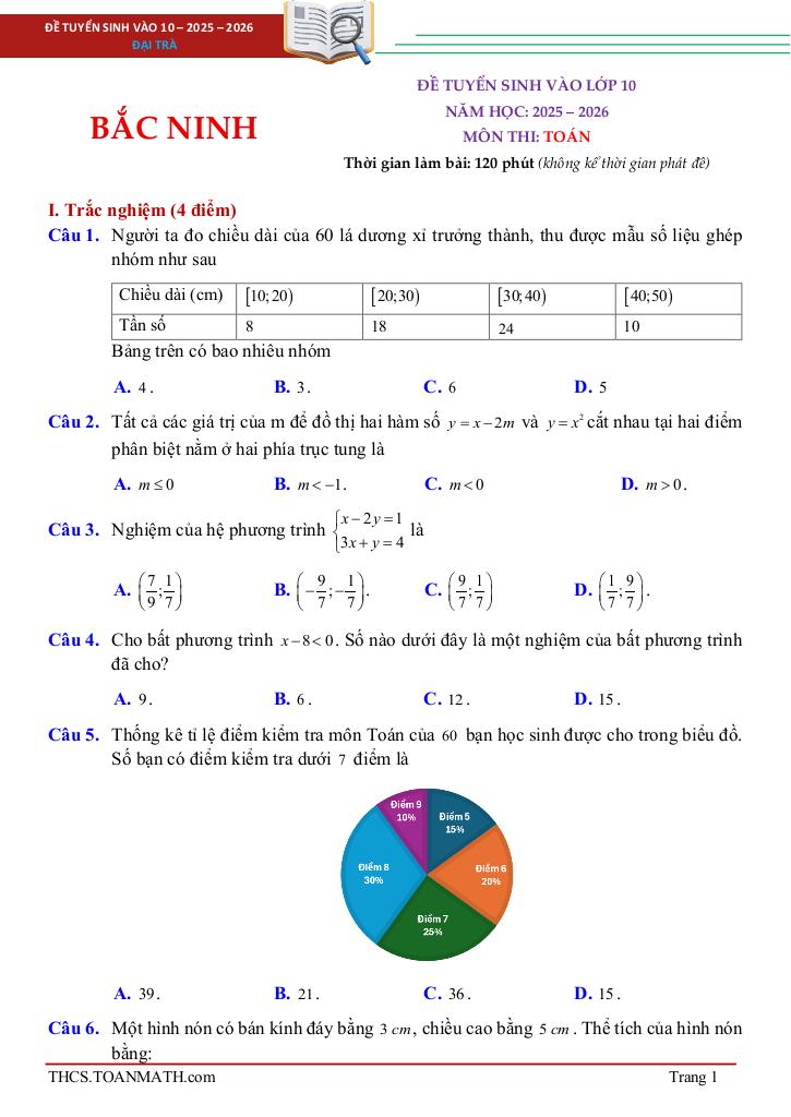 đề tuyển sinh lớp 10 môn toán năm 2025 – 2026 sở gd&đt bắc ninh 0