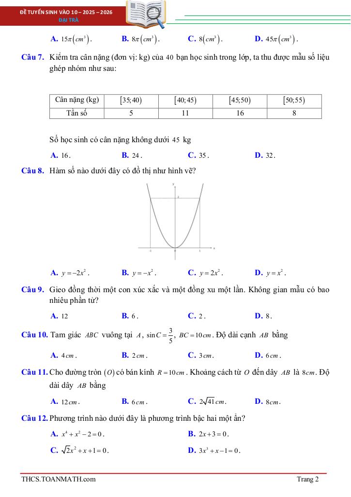 đề tuyển sinh lớp 10 môn toán năm 2025 – 2026 sở gd&đt bắc ninh 1