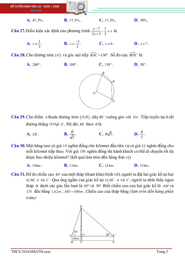 đề tuyển sinh lớp 10 môn toán năm 2025 – 2026 sở gd&đt bắc ninh 4