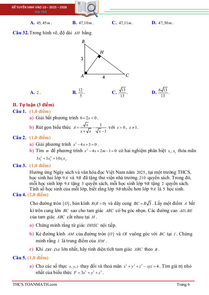 đề tuyển sinh lớp 10 môn toán năm 2025 – 2026 sở gd&đt bắc ninh 5