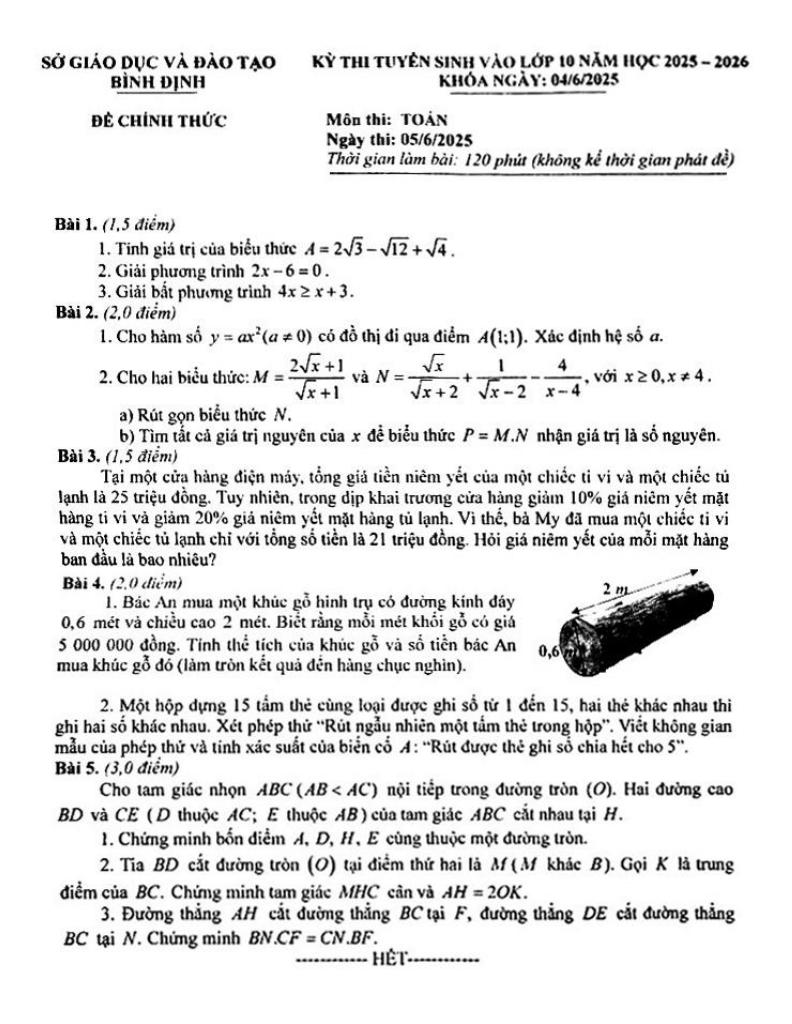 đề tuyển sinh lớp 10 môn toán năm 2025 – 2026 sở gd&đt bình định