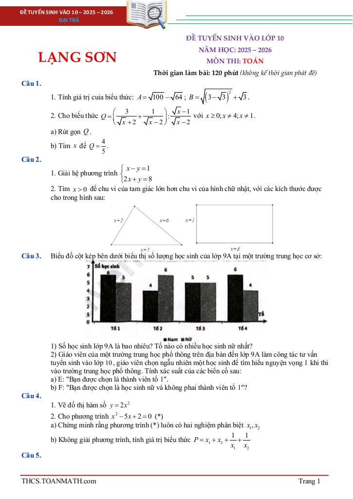 đề tuyển sinh lớp 10 môn toán năm 2025 – 2026 sở gd&đt lạng sơn 0