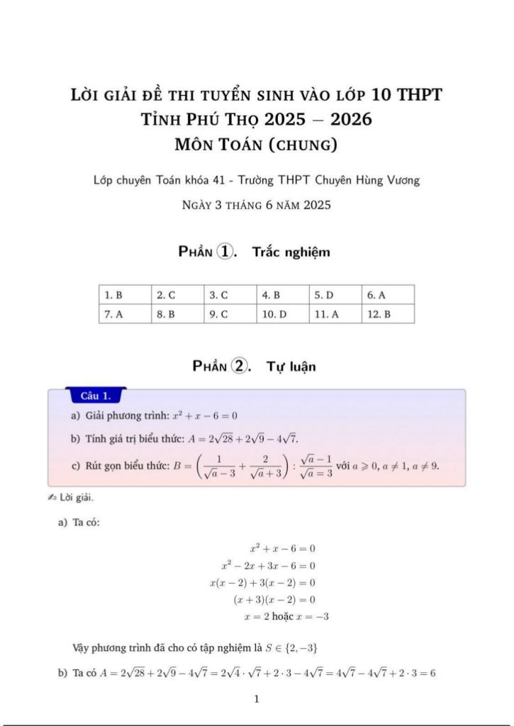 đề tuyển sinh lớp 10 môn toán năm 2025 – 2026 sở gd&đt phú thọ 2