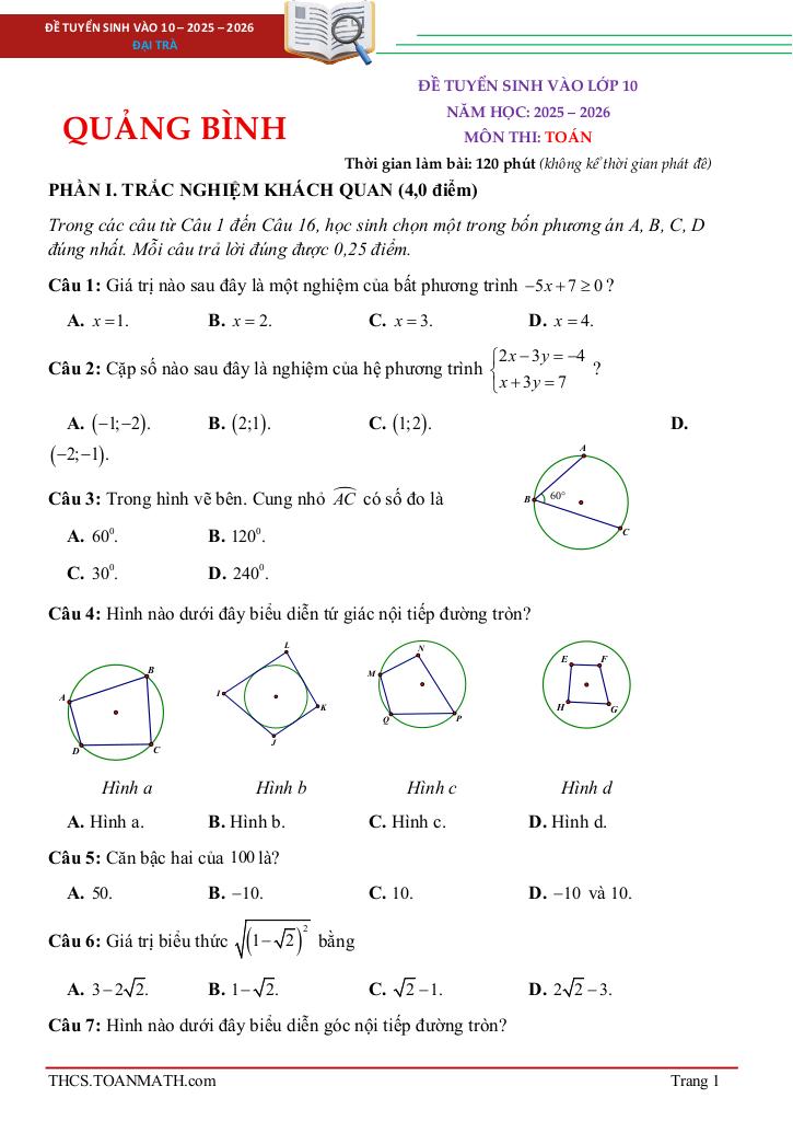 đề tuyển sinh lớp 10 môn toán năm 2025 – 2026 sở gd&đt quảng bình 0