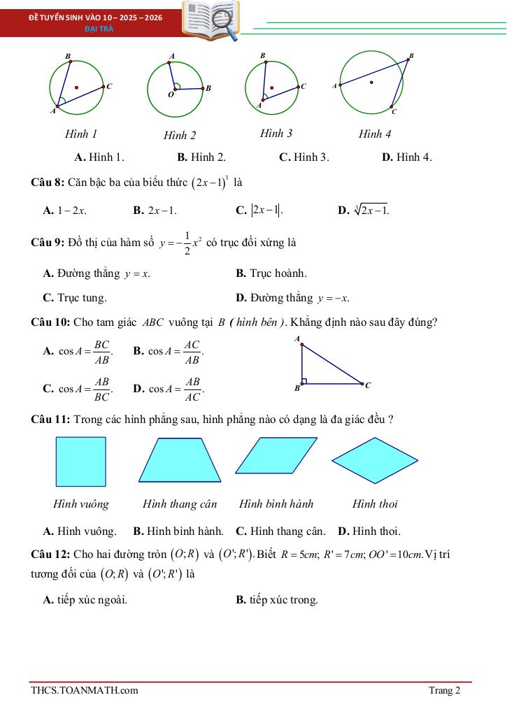 đề tuyển sinh lớp 10 môn toán năm 2025 – 2026 sở gd&đt quảng bình 1