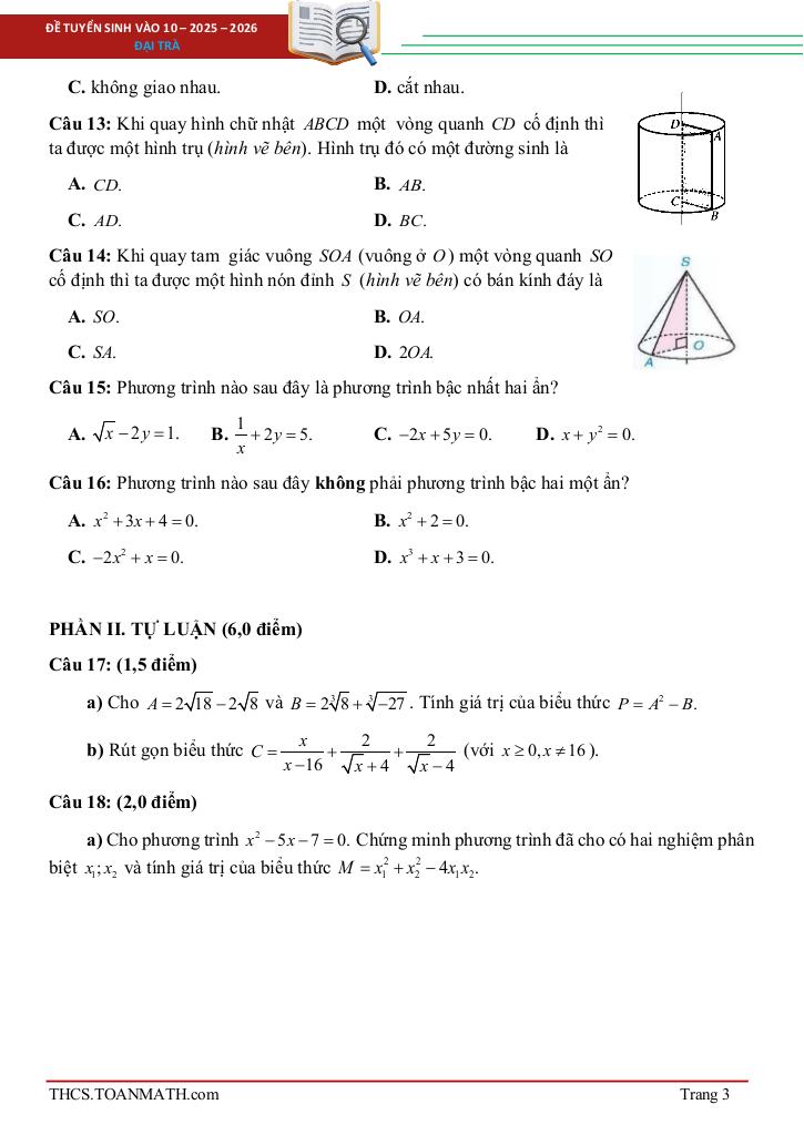 đề tuyển sinh lớp 10 môn toán năm 2025 – 2026 sở gd&đt quảng bình 2