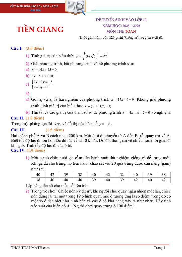 đề tuyển sinh lớp 10 môn toán năm 2025 – 2026 sở gd&đt tiền giang 0