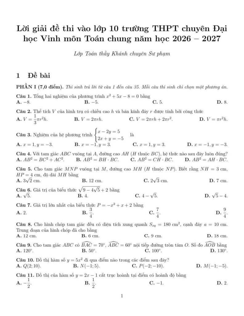 đề tuyển sinh lớp 10 môn toán (vòng 1) năm 2026 – 2027 trường chuyên đh vinh – nghệ an - hình 1