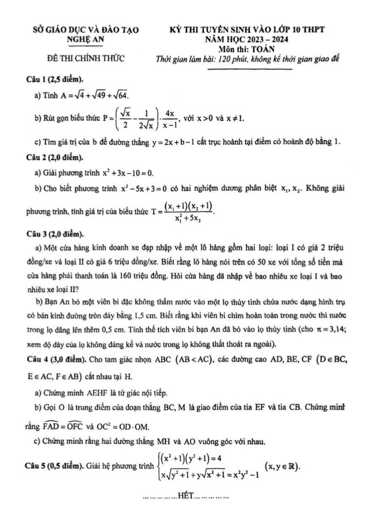 đề tuyển sinh vào lớp 10 môn toán năm 2023 – 2024 sở gd&đt nghệ an