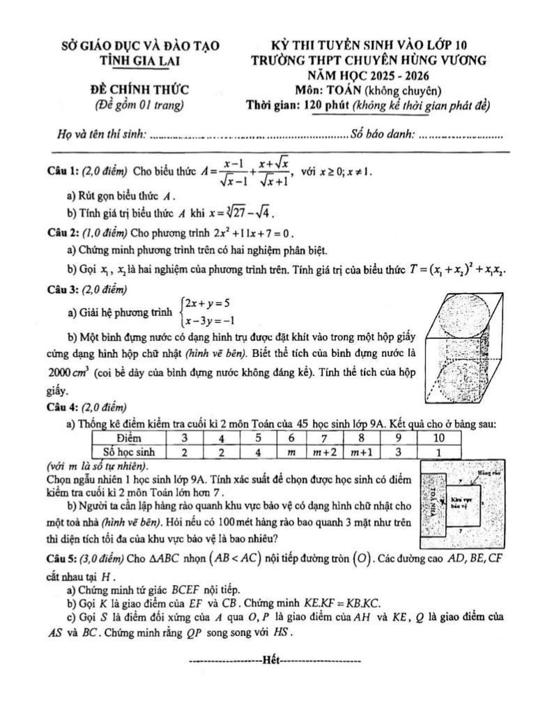 đề vào 10 môn toán (không chuyên) năm 2025 – 2026 trường chuyên hùng vương – gia lai