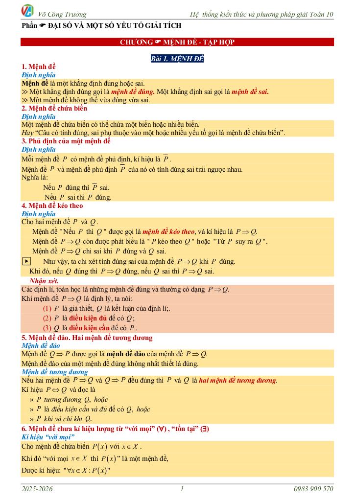 hệ thống kiến thức và phương pháp giải toán 10 – võ công trường 3