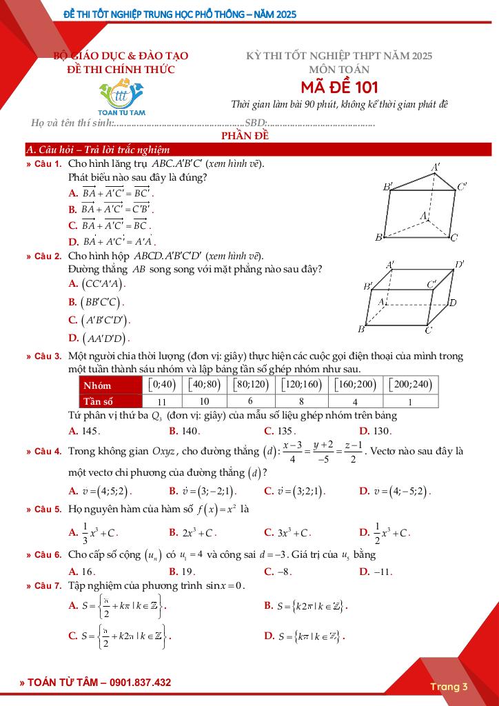 hướng dẫn giải đề chính thức tốt nghiệp thpt năm 2025 môn toán 3