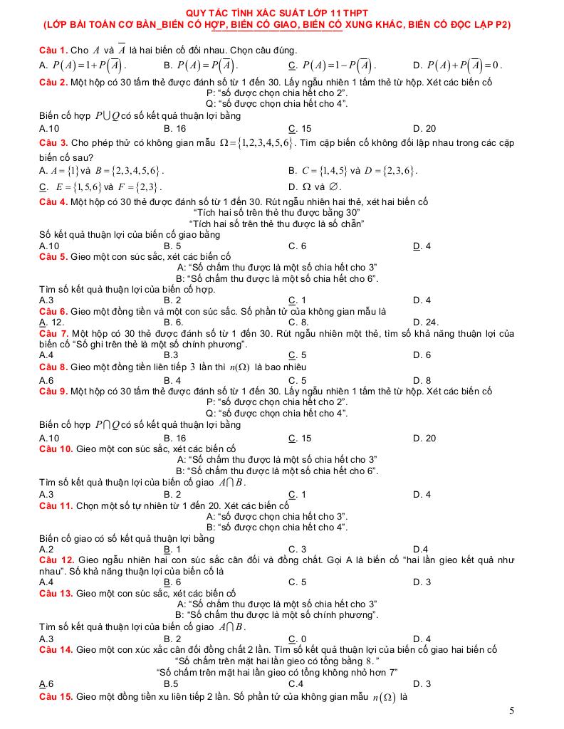 luyện kỹ năng toán 11 trắc nghiệm nhiều lựa chọn quy tắc tính xác suất 4