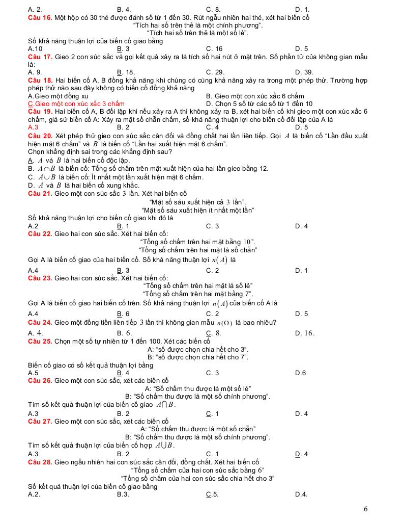 luyện kỹ năng toán 11 trắc nghiệm nhiều lựa chọn quy tắc tính xác suất 5