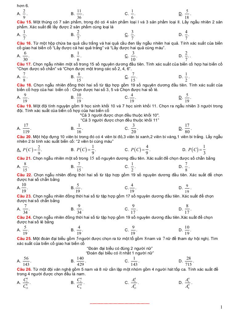 luyện kỹ năng toán 11 trắc nghiệm nhiều lựa chọn quy tắc tính xác suất 9