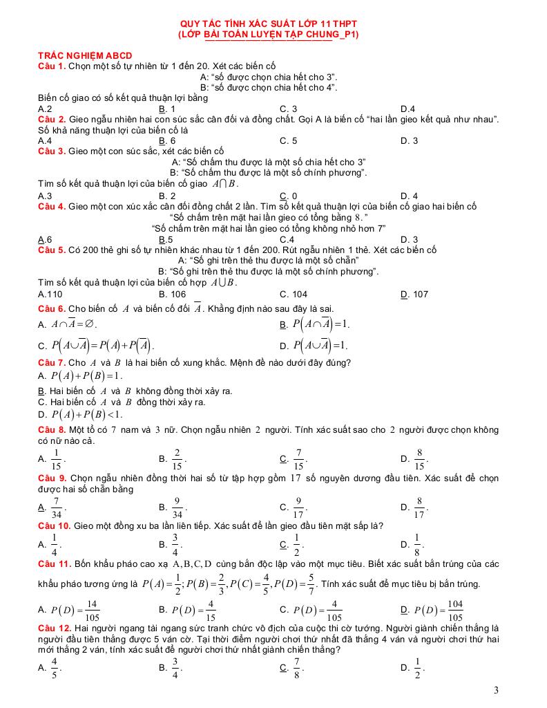luyện tập chung toán 11 thpt quy tắc tính xác suất 2