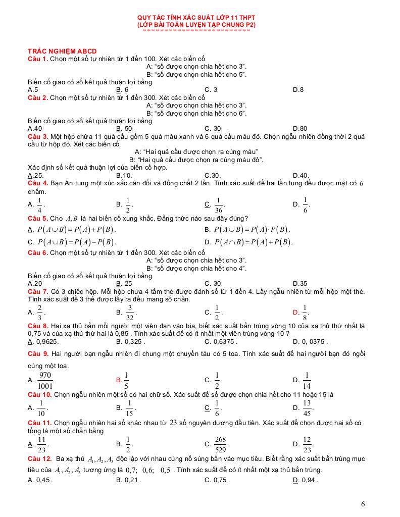 luyện tập chung toán 11 thpt quy tắc tính xác suất 5