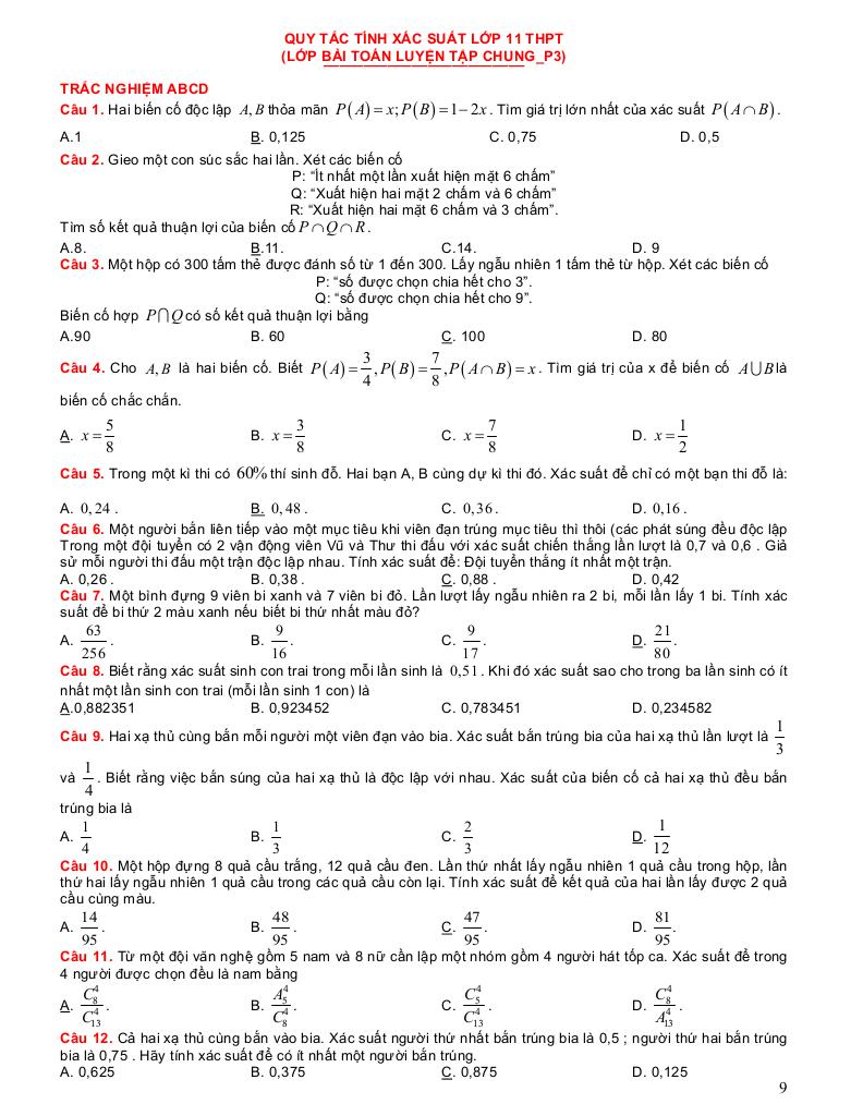 luyện tập chung toán 11 thpt quy tắc tính xác suất 8