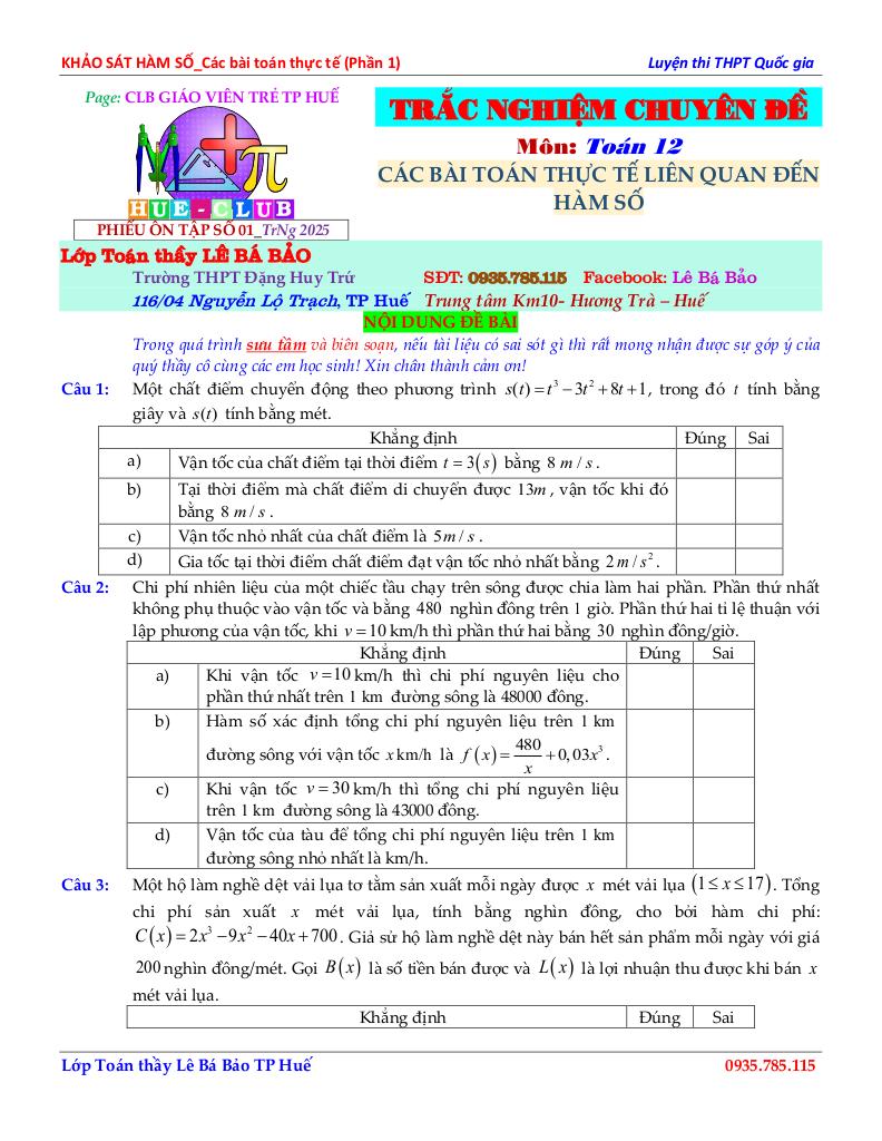 một số bài toán thực tế liên quan đến khảo sát hàm số toán 12 (phần 1) 1