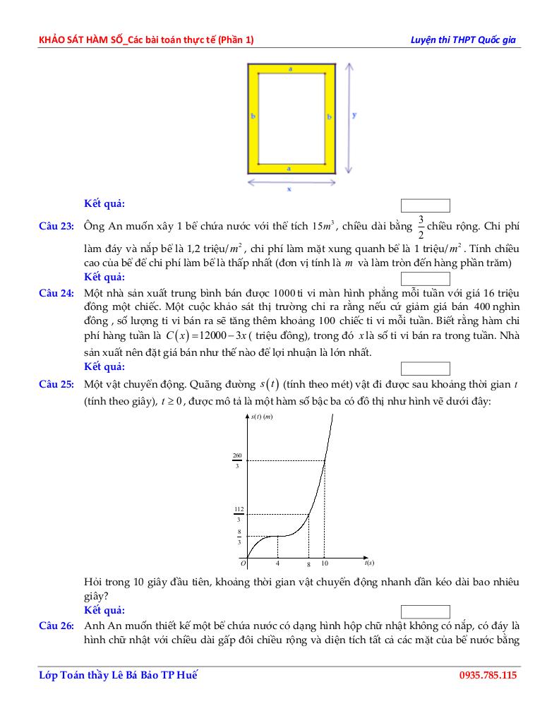 một số bài toán thực tế liên quan đến khảo sát hàm số toán 12 (phần 1) 7