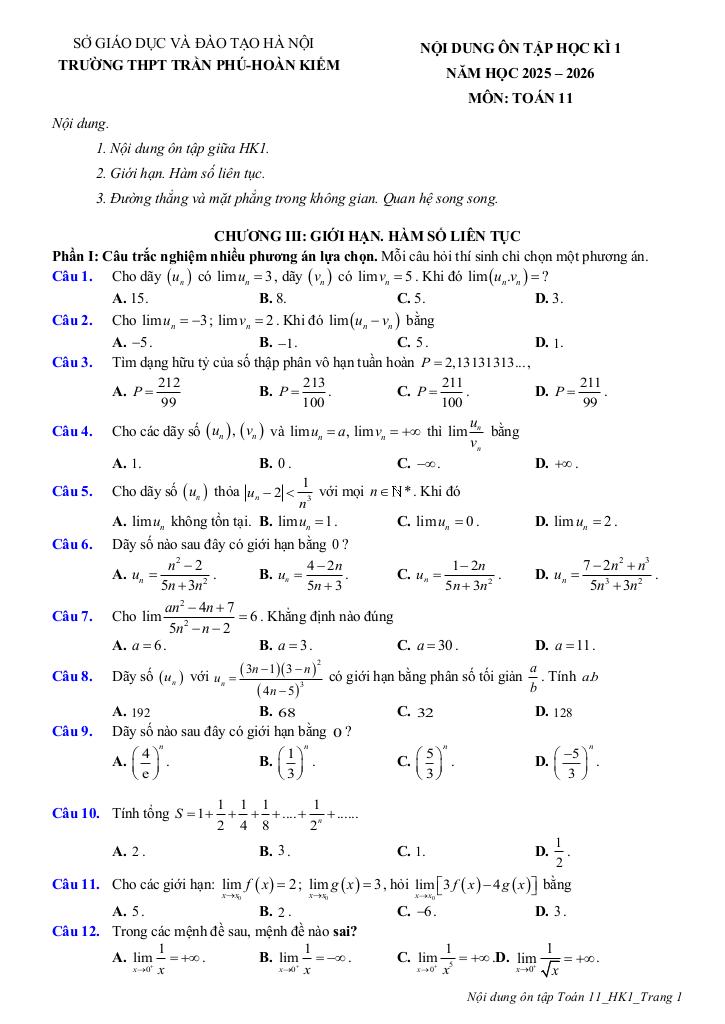 ôn tập cuối học kì 1 toán 11 năm 2025 – 2026 trường thpt trần phú – hà nội 0