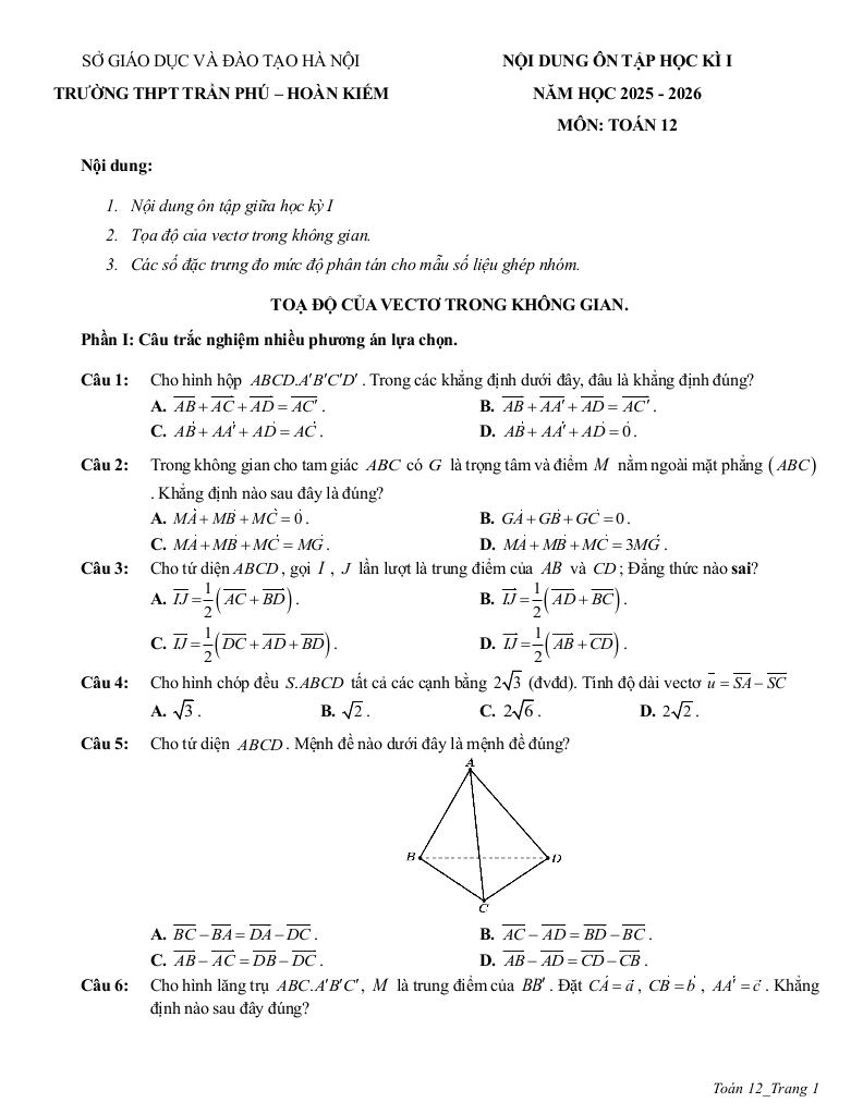 ôn tập cuối học kì 1 toán 12 năm 2025 – 2026 trường thpt trần phú – hà nội 0