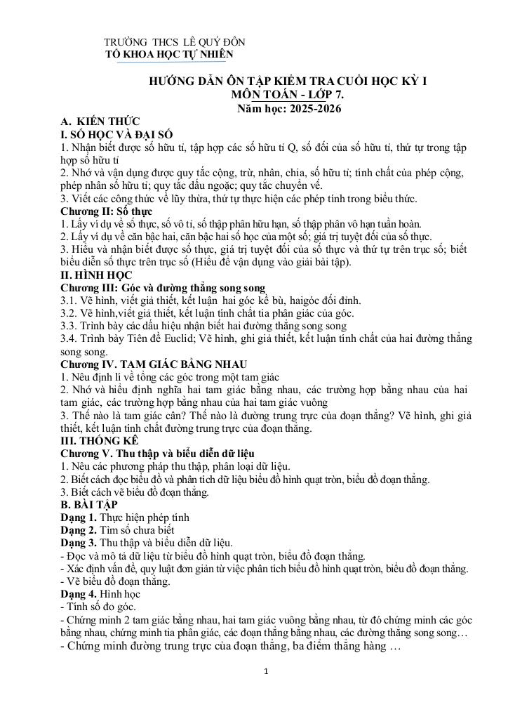 ôn tập cuối học kì 1 toán 7 năm 2025 – 2026 trường thcs lê quý đôn – phú thọ 0
