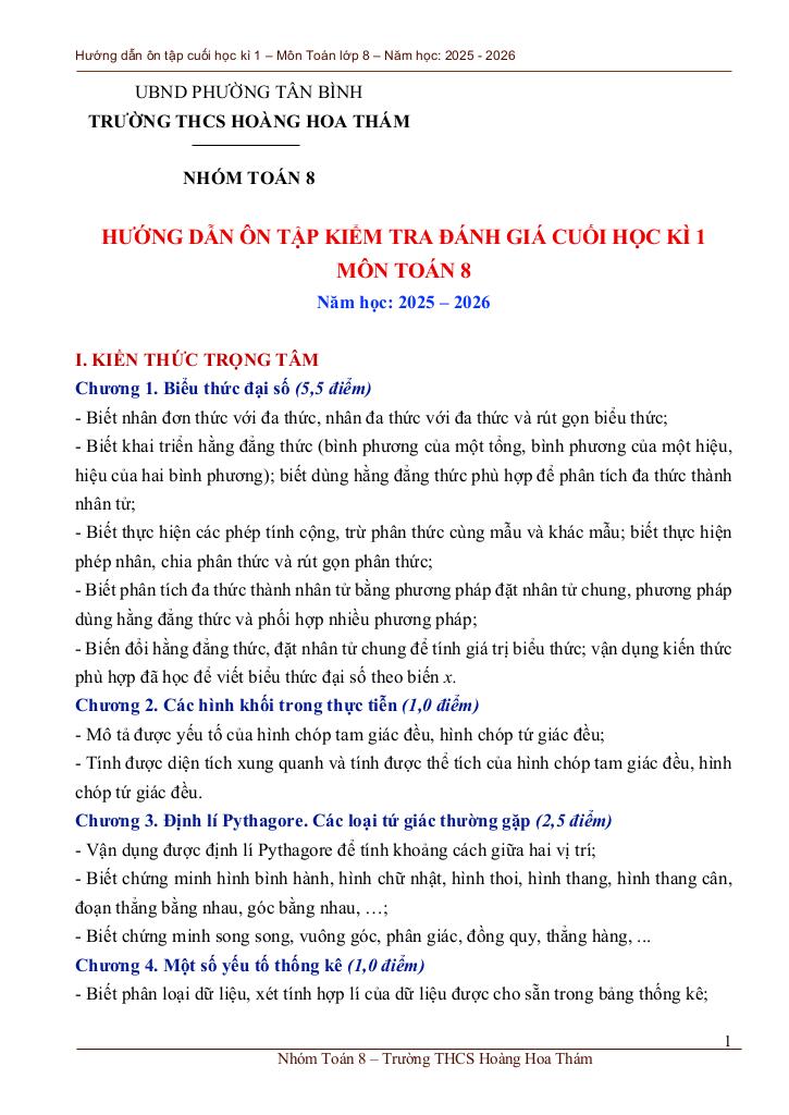 ôn tập cuối học kì 1 toán 8 năm 2025 – 2026 trường thcs hoàng hoa thám – tp hcm 0