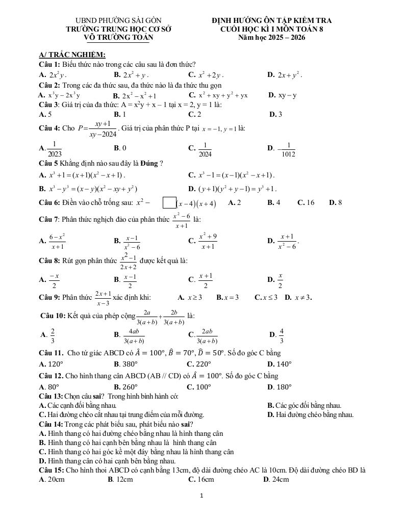 ôn tập cuối học kì 1 toán 8 năm 2025 – 2026 trường thcs võ trường toản – tp hcm 0