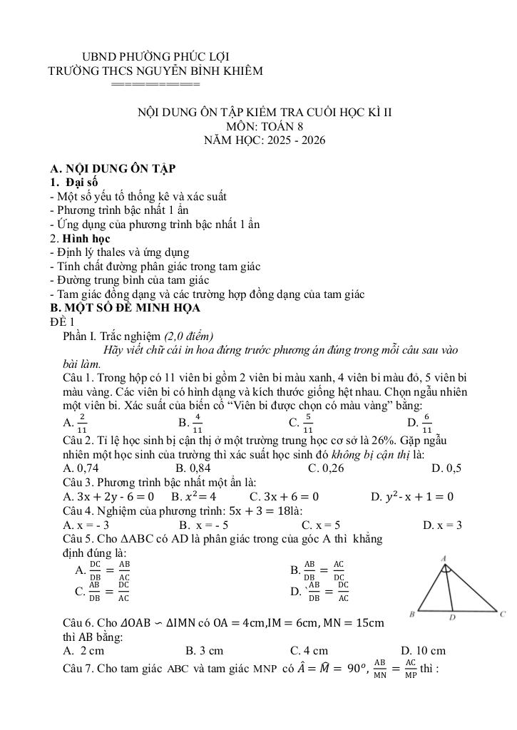 ôn tập cuối kì 2 toán 8 năm 2025 – 2026 trường thcs nguyễn bỉnh khiêm – hà nội - hình 1