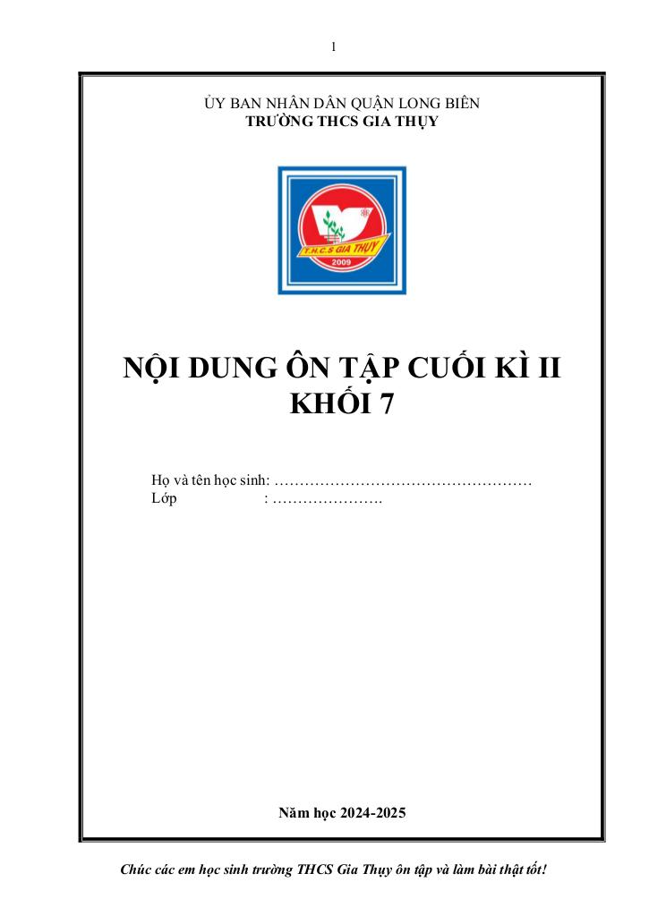 ôn tập cuối kỳ 2 toán 7 năm 2024 – 2025 trường thcs gia thụy – hà nội 0
