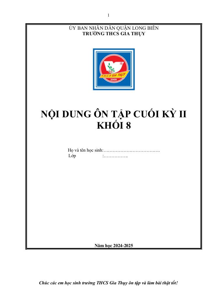 ôn tập cuối kỳ 2 toán 8 năm 2024 – 2025 trường thcs gia thụy – hà nội 0